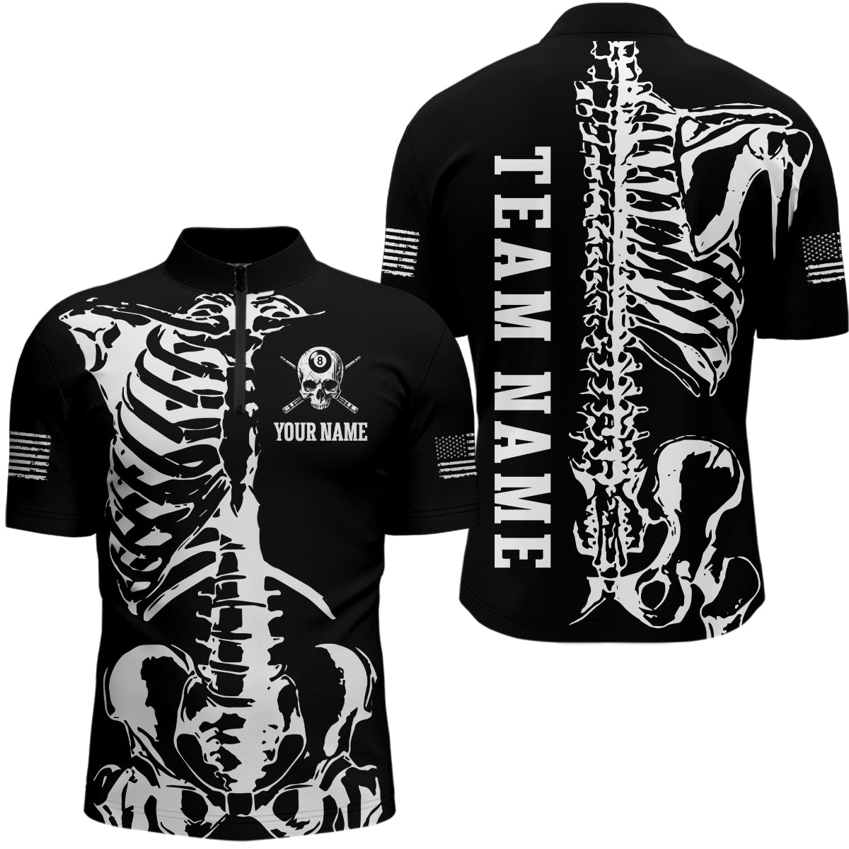 Custom Skull Bone 8 Ball Billiard Shirts for Men Billiard Team Jerseys Polo & 1/4 Zip Shirts NNT47
