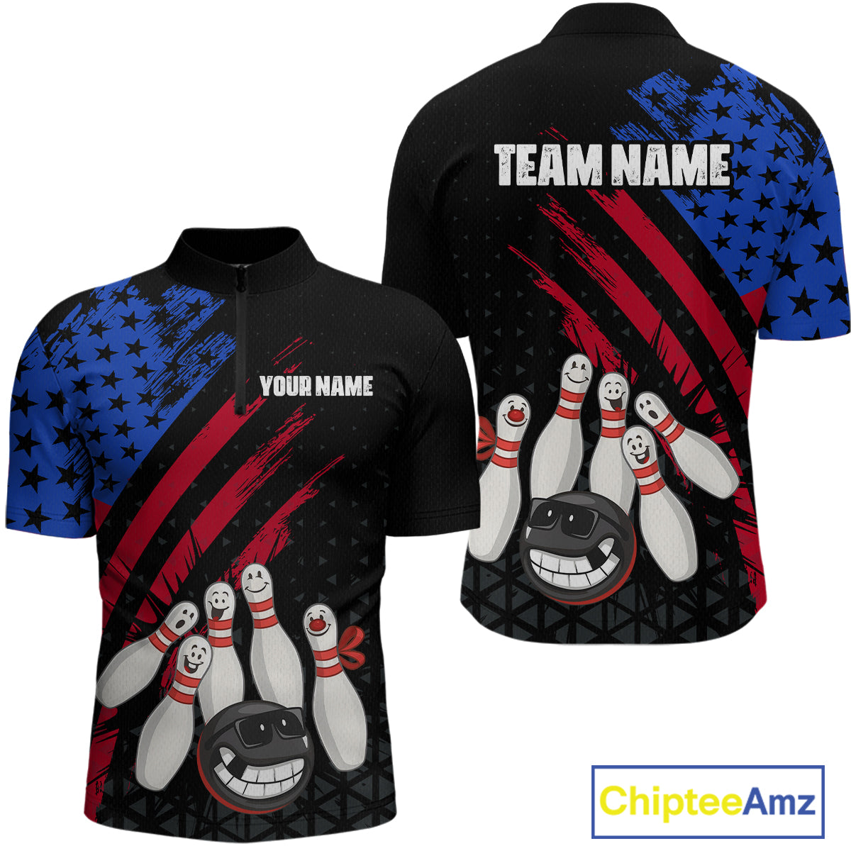 Custom Funny US Flag Bowling Jersey for Men Bowling Uniform Polo & 1/4 Zip Bowling Team Shirts HNT126