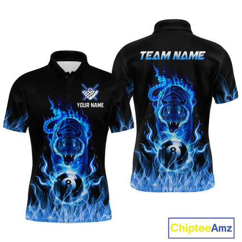 Custom Blue Tiger Flaming 8 Ball Pool Men Billiard Polo & 1/4 Zip Shirts Billiard Team Shirt NNT79