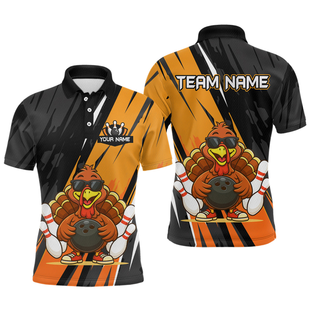 Custom Orange Funny Turkey Bowling Jersey for Men Polo & 1/4 Zip Thanksgiving Bowling Team Shirts HNT124