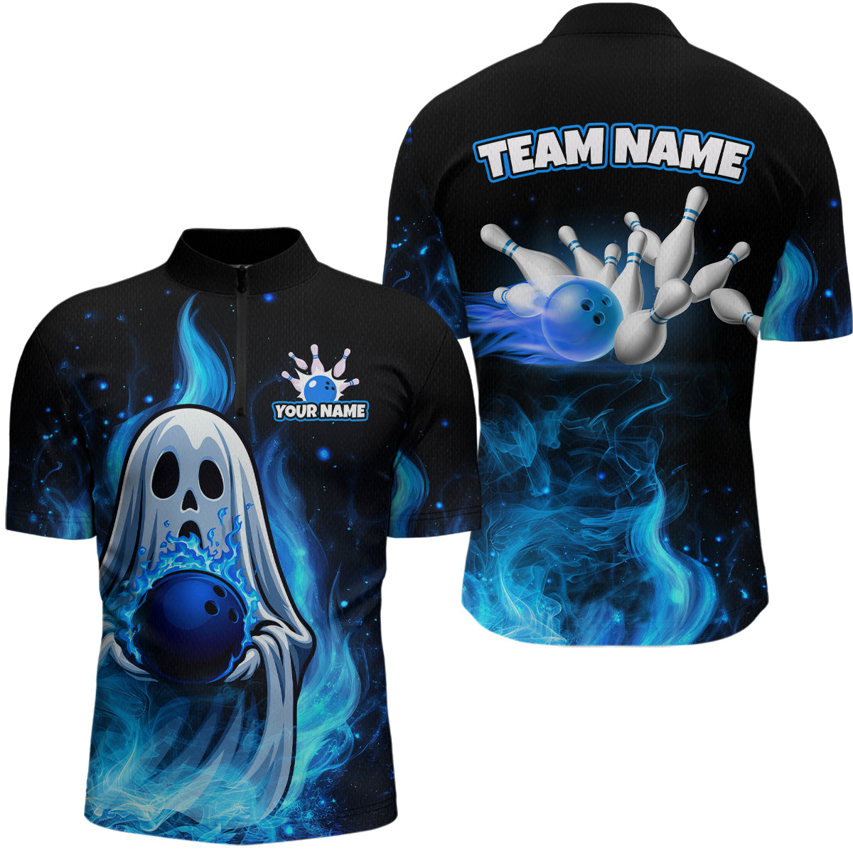 Black bowling shirt with blue ghost and ball design on front, and bowling graphic and 'Team Name' text on back.