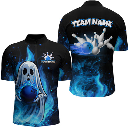Black bowling shirt with blue ghost and ball design on front, and bowling graphic and 'Team Name' text on back.