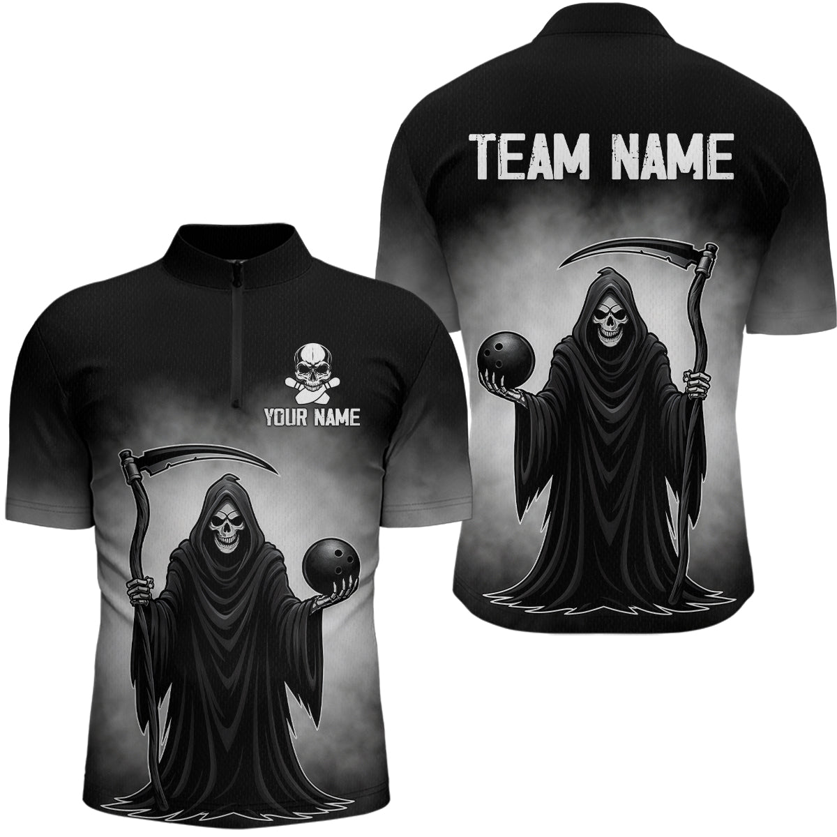 Custom Black Skeleton Bowling Jersey for Men Bowling Uniform Polo & 1/4 Zip Bowling Team Shirts HNT110