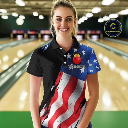 Custom US Flag Crown Bowling Women Bowling Shirt Polo & Quarter-Zip Bowling Team Jerseys HNT85