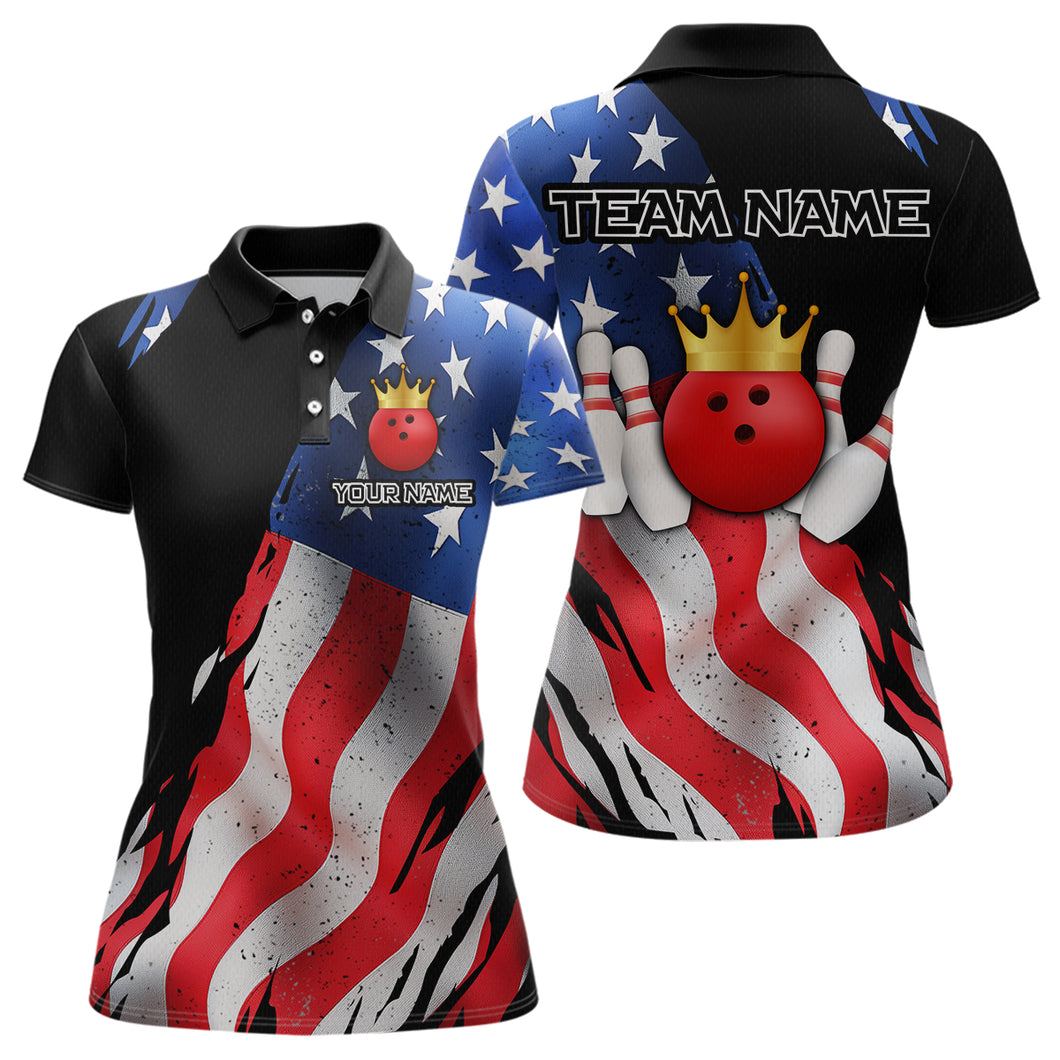 Custom US Flag Crown Bowling Women Bowling Shirt Polo & Quarter-Zip Bowling Team Jerseys HNT85