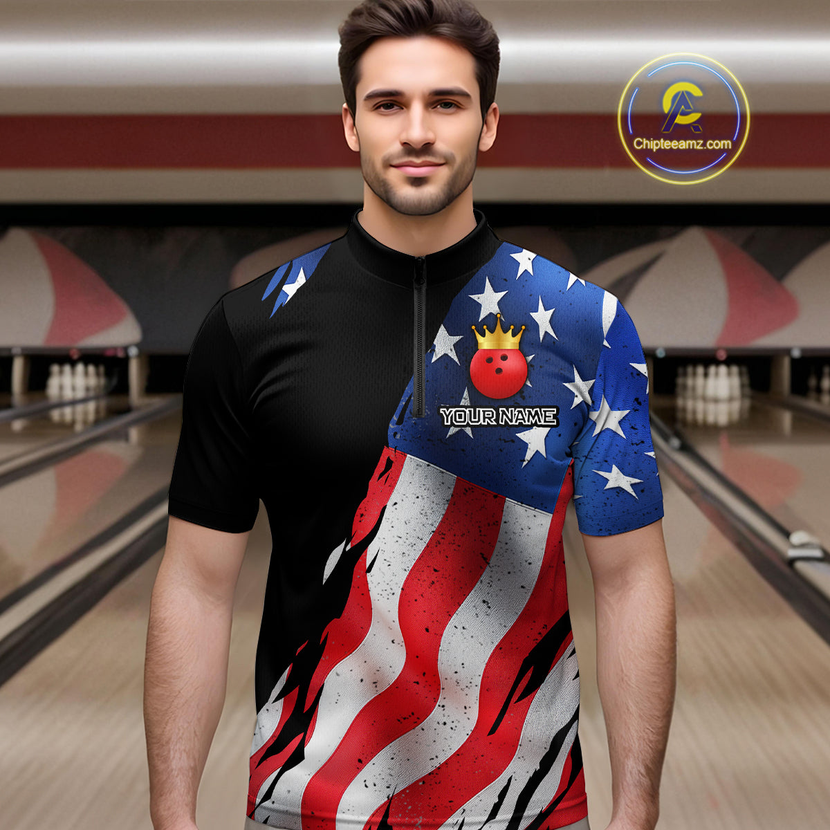 Custom US Flag Crown Bowling Men Bowling Shirt Polo & Quarter-Zip Bowling Team Jerseys HNT85