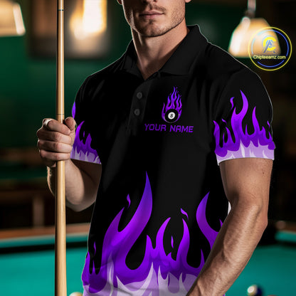 Custom Purple 8 Ball Pool Flame Billiard Shirts for Men Billiard Team Polo & 1/4 Zip Shirts NNT63