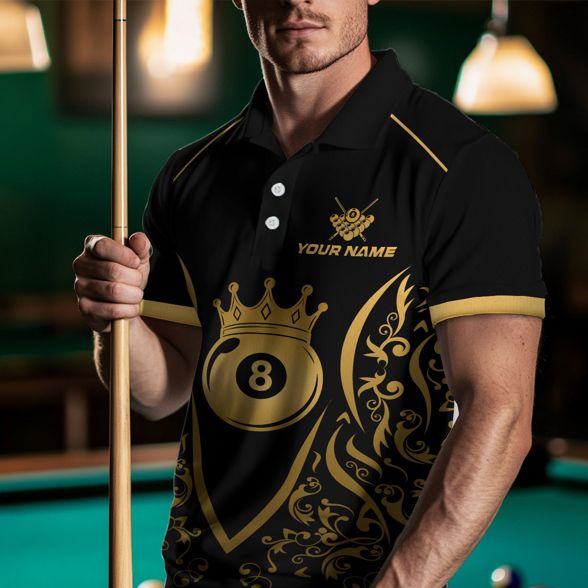 Custom Gold 8 Ball Crown Billiard Shirts for Men and Team Polo & 1/4 Zip Shirts NNT49
