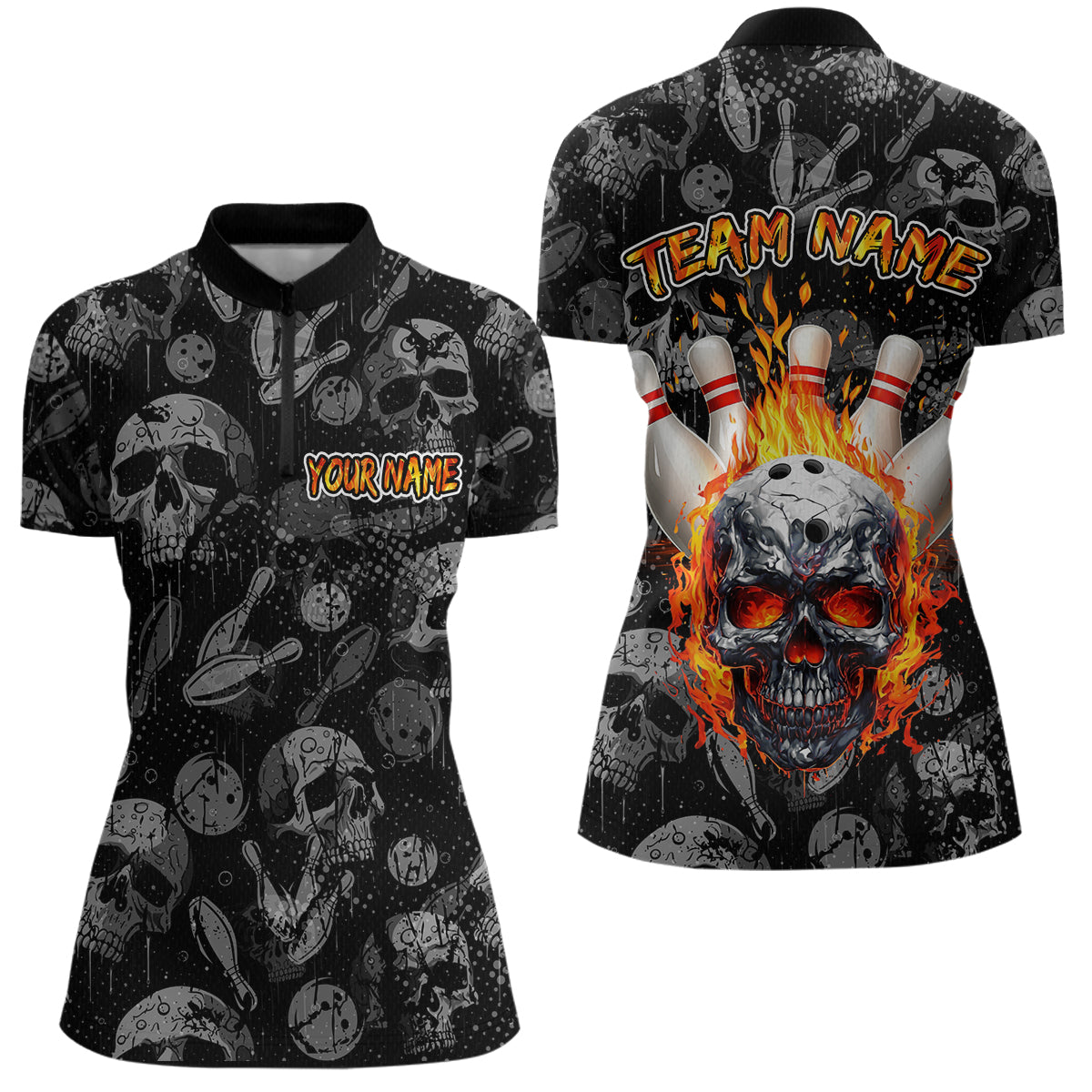 Women Skull Custom Bowling Team Shirts Unisex Bowling Women Short Sleeve Polo & Quarter-Zip HNT42