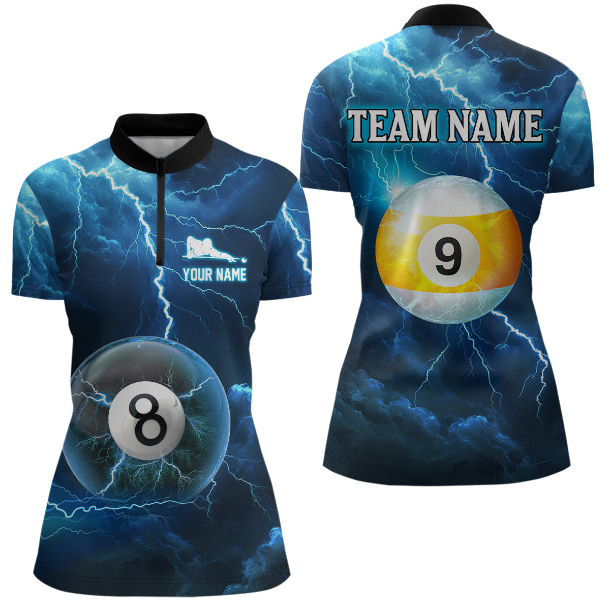 Blue Thunder 8 & 9 Ball Billiards Shirt Women Team Polo & 1/4 Zip Shirts Billiard Jersey NNT17