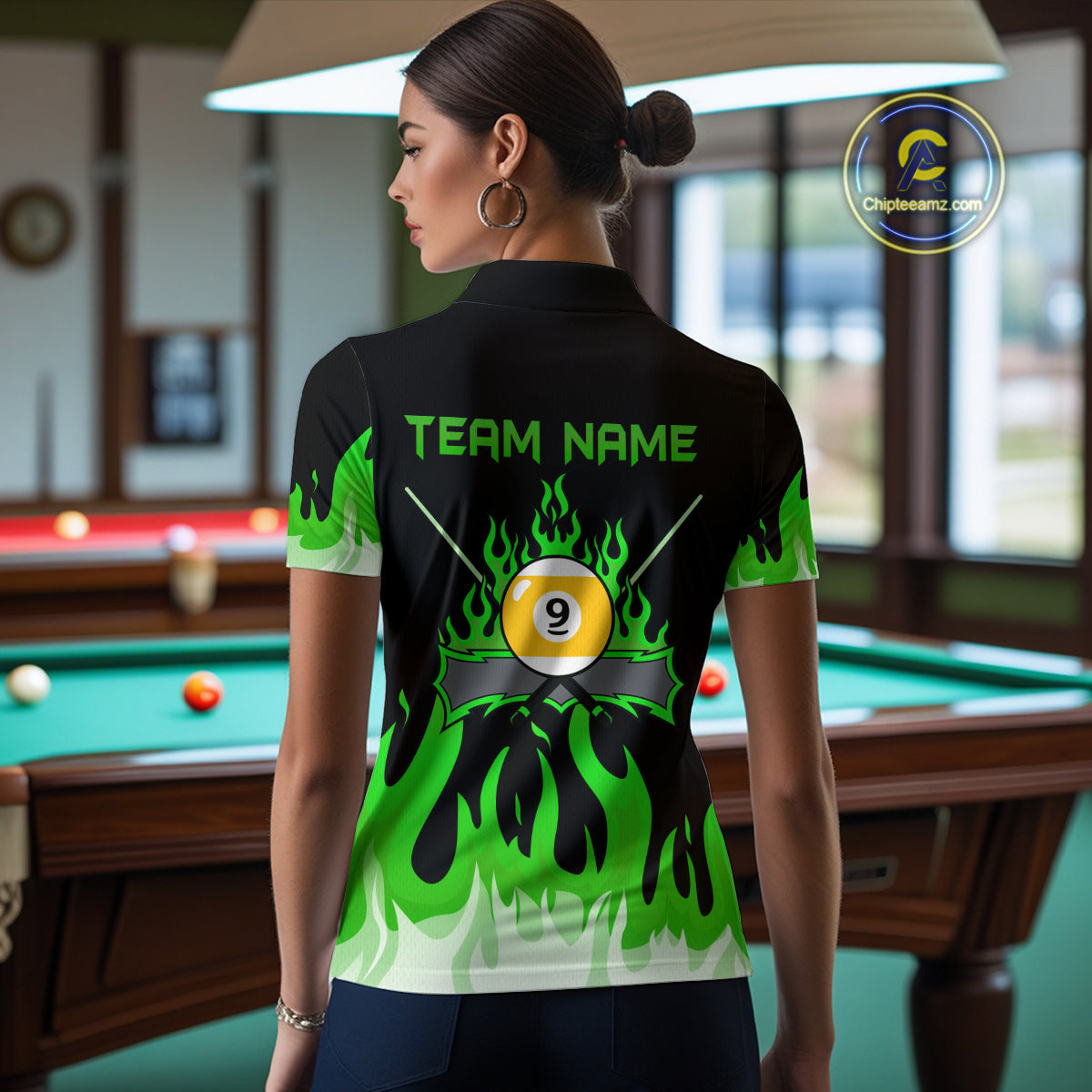 Custom 9 Ball Green Flaming Billiard Shirts for Women Billiard Team Shirts Billiard League NNT73