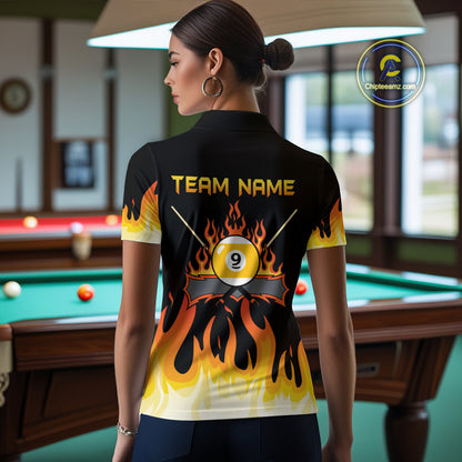 Custom 9 Ball Orange Flaming Billiard Shirts for Women Billiard Team Shirts Billiard League NNT73