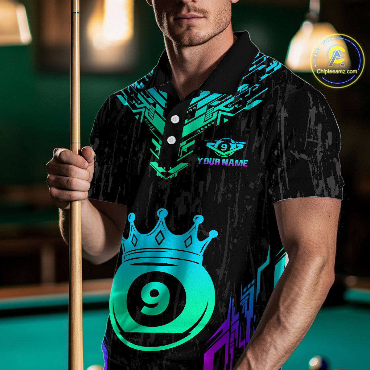 Custom Black 9 Ball Crown Neon Billiard Shirts for Men Billiard Team Shirts Billiard League NNT74