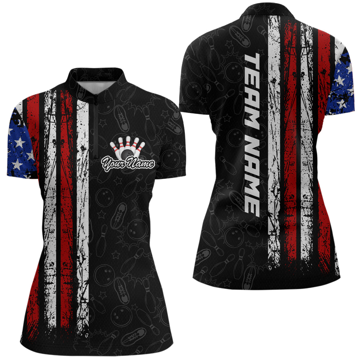 American Flag Bowling Custom Women Bowling Shirt Polo & Quarter-Zip Bowling Team Jerseys HNT52