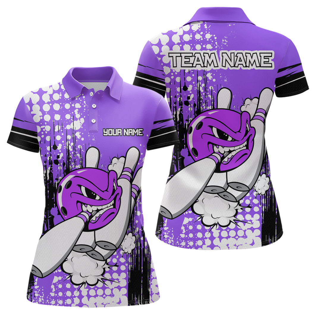 Personalized Purple Funny Crazy Bowling Shirt for Women Polo & Quarter-Zip Bowling Jersey with Team HNT03