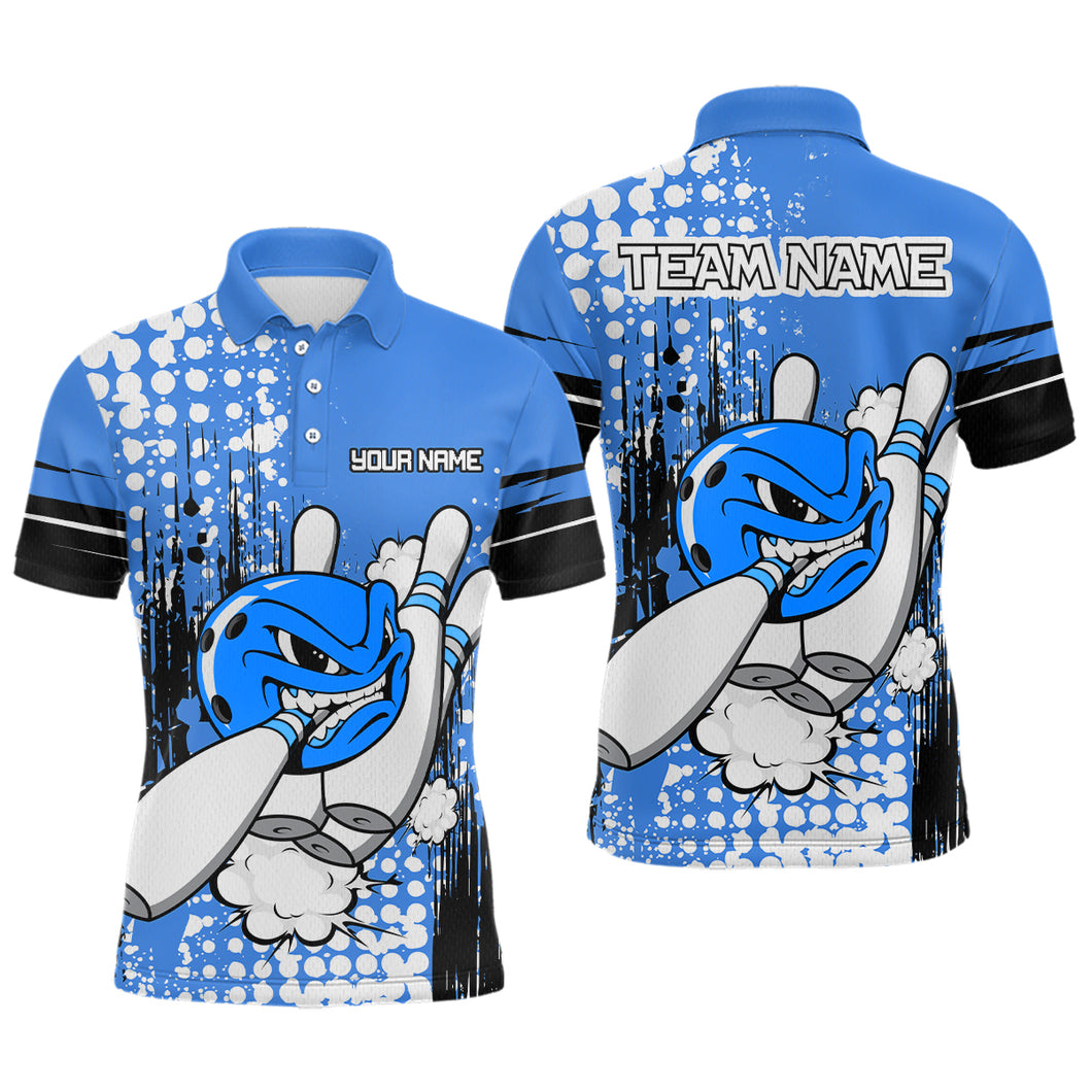 Personalized Blue Funny Crazy Bowling Shirt for Men Polo & Quarter-Zip Bowling Jersey with Team HNT03