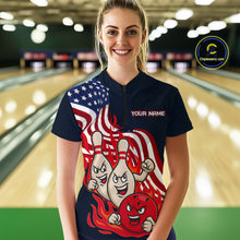 Load image into Gallery viewer, Custom American Flag Bowling Women Polo &amp; 1/4 Zip Shirts Funny Flame Bowling Team Jerseys HNT92