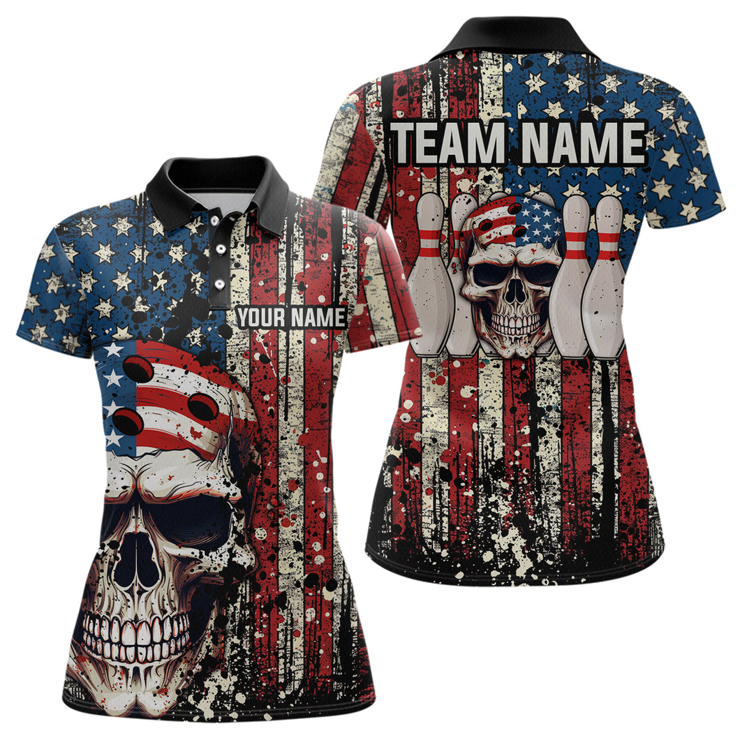 Skull US Flag Bowling Custom Women Bowling Shirt Polo & Quarter-Zip Bowling Team Jerseys HNT58