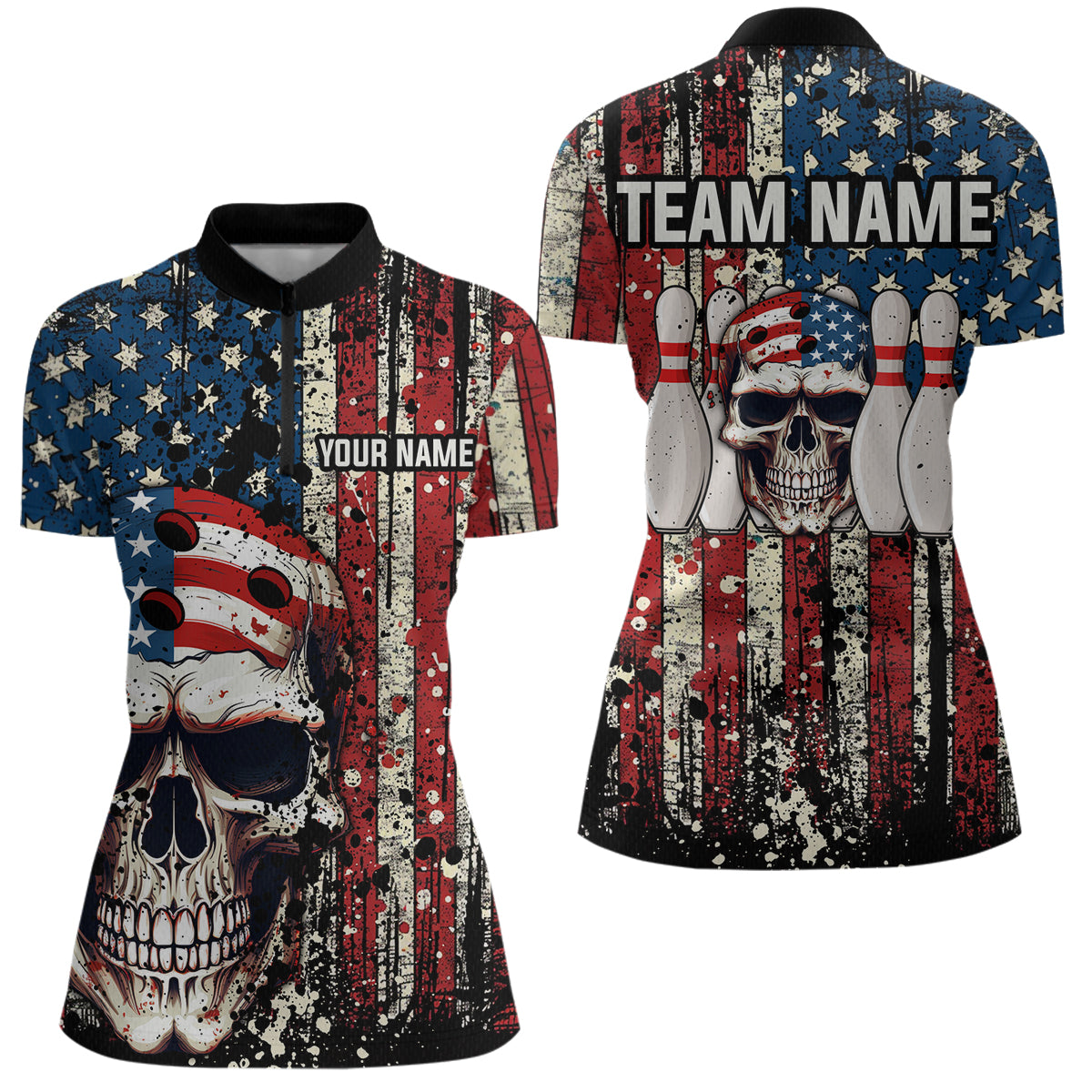 Skull US Flag Bowling Custom Women Bowling Shirt Polo & Quarter-Zip Bowling Team Jerseys HNT58