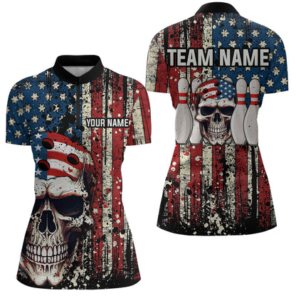Skull US Flag Bowling Custom Women Bowling Shirt Polo & Quarter-Zip Bowling Team Jerseys HNT58