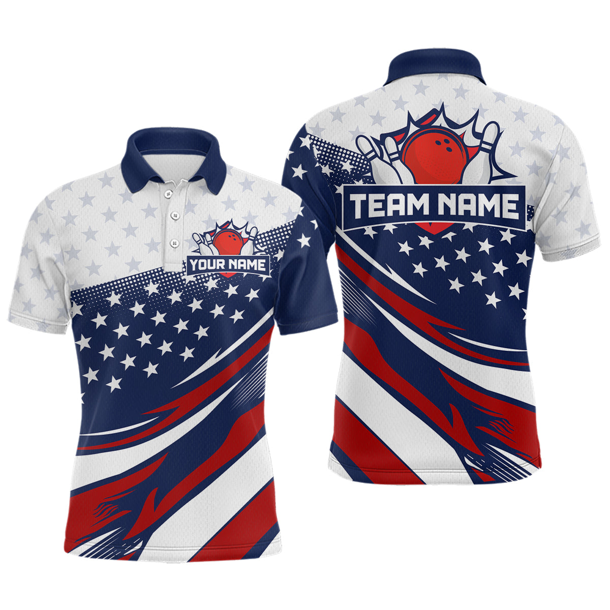 American Flag Bowling Custom Men Bowling Shirt Polo & Quarter-Zip Bowling Team Jerseys HNT50