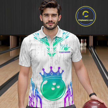Custom White Neon Crown Bowling Jersey for Men Bowling Uniform Polo & 1/4 Zip Bowling Team Shirts HNT123