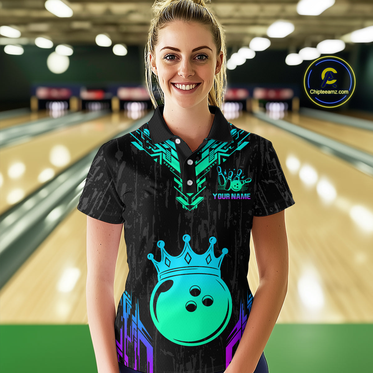 Custom Black Neon Crown Bowling Jersey for Women Polo & 1/4 Zip Bowling Team Shirts HNT123