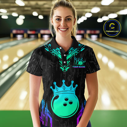 Custom Black Neon Crown Bowling Jersey for Women Polo & 1/4 Zip Bowling Team Shirts HNT123