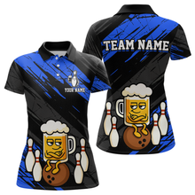 Load image into Gallery viewer, Custom Blue Funny Beer Bowling Jersey for Women Bowling Uniform Polo &amp; 1/4 Zip Bowling Team Shirts HNT107