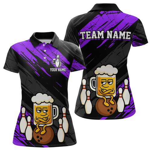 Custom Purple Funny Beer Bowling Jersey for Women Bowling Uniform Polo & 1/4 Zip Bowling Team Shirts HNT107