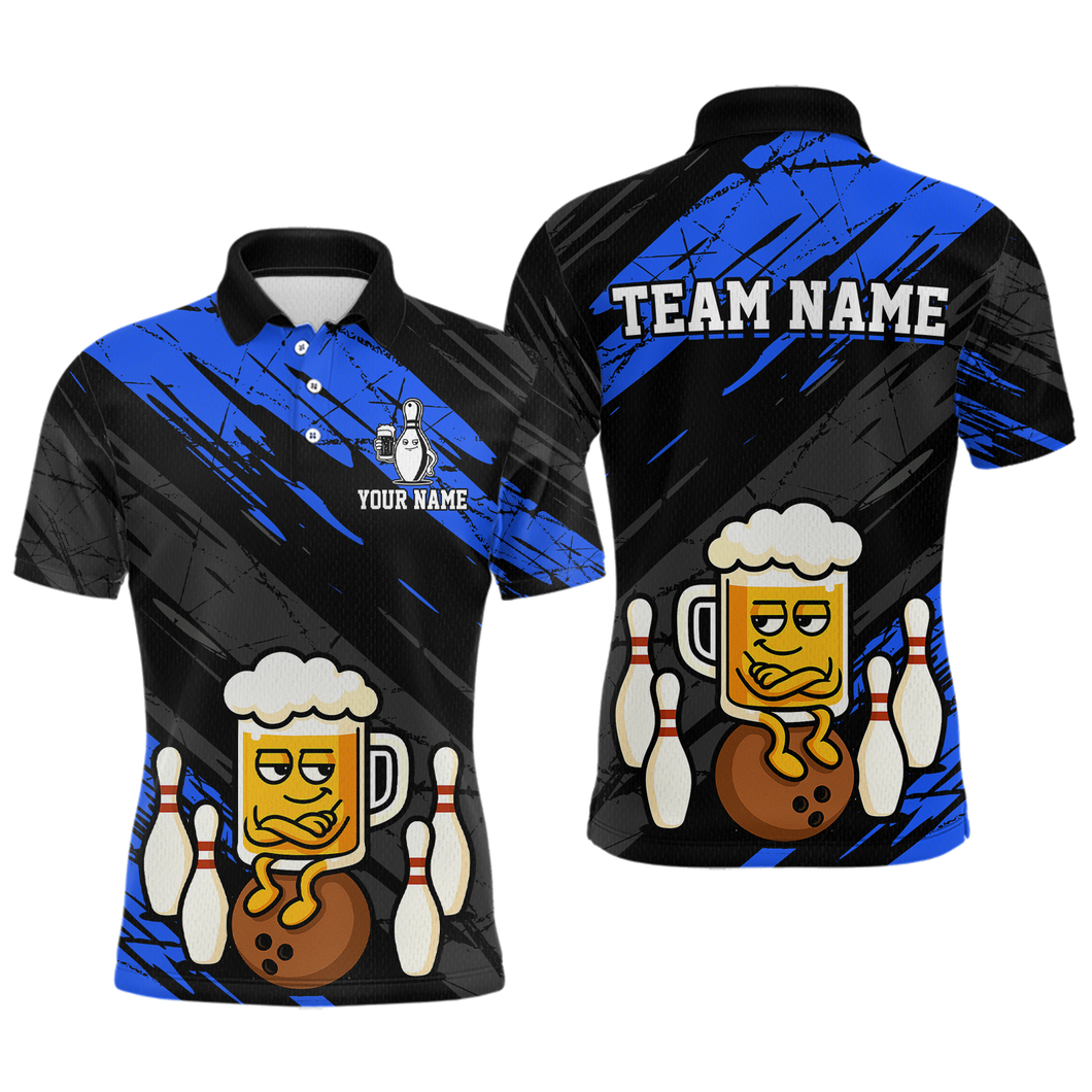 Custom Blue Funny Beer Bowling Jersey for Men Bowling Uniform Polo & 1/4 Zip Bowling Team Shirts HNT107
