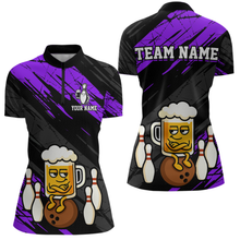 Load image into Gallery viewer, Custom Purple Funny Beer Bowling Jersey for Women Bowling Uniform Polo &amp; 1/4 Zip Bowling Team Shirts HNT107
