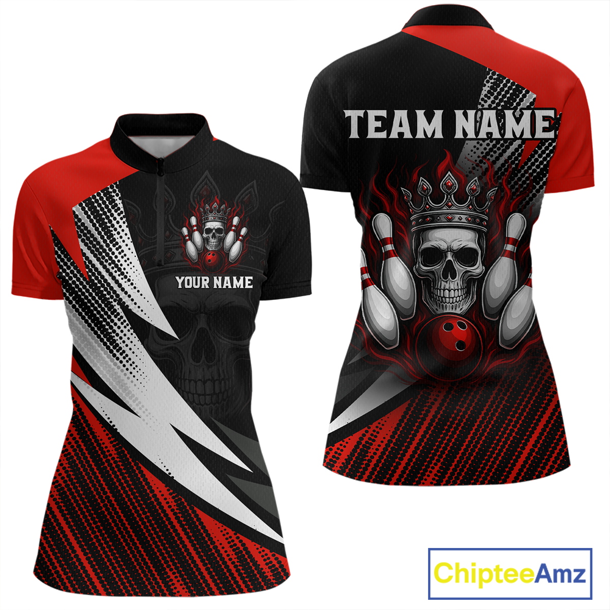 Red Skull Crown Bowling Custom Women Bowling Shirt Polo & Quarter-Zip Bowling Team Jerseys HNT65
