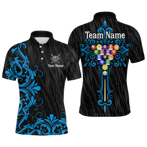 Custom Blue Baroque Pattern Ball Pool Billiard Shirts for Men Team Polo & 1/4 Zip Shirts NNT60