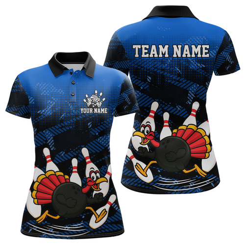 Custom Blue Funny Turkey Bowling Jersey for Women Thanksgiving Bowling Team Shirts Polo & 1/4 Zip HNT125