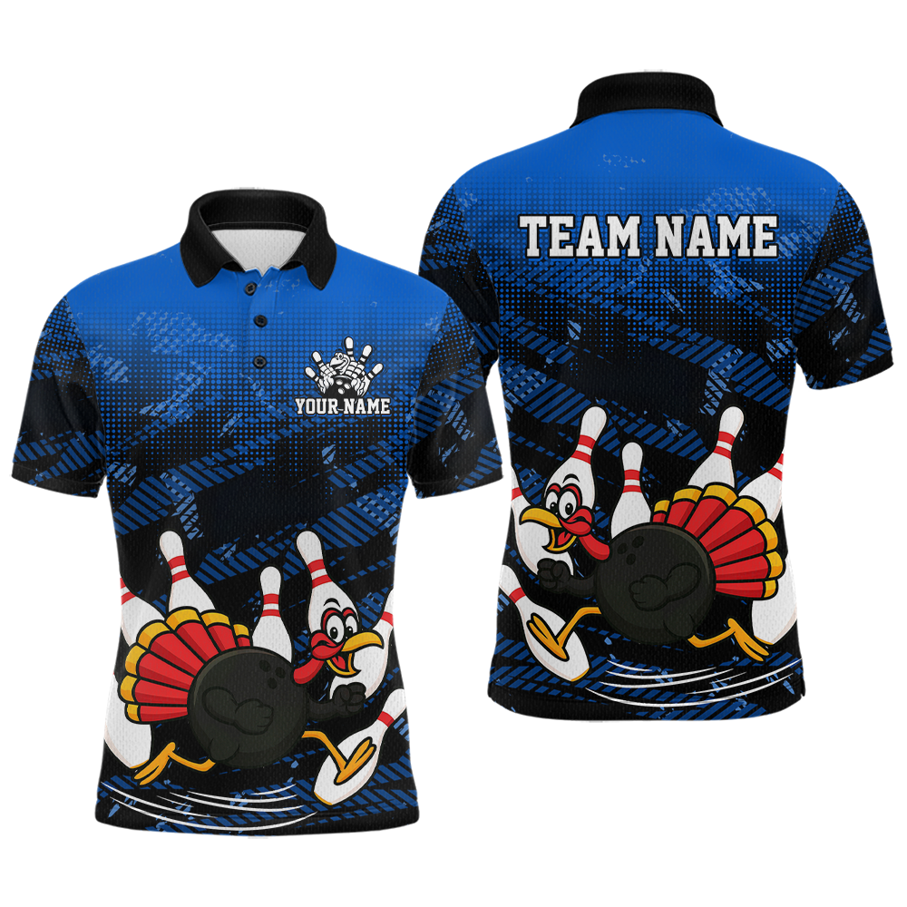 Custom Blue Funny Turkey Bowling Jersey for Men Thanksgiving Bowling Team Shirts Polo & 1/4 Zip HNT125