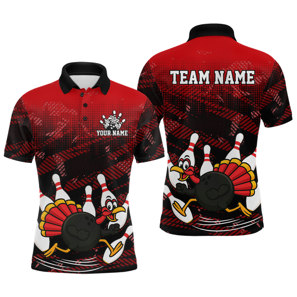 Custom Red Funny Turkey Bowling Jersey for Men Thanksgiving Bowling Team Shirts Polo & 1/4 Zip HNT125