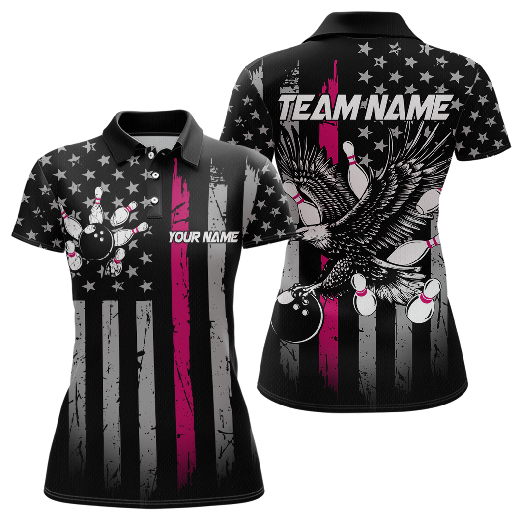 Custom Pink US Flag Eagle Bowling Jersey for Women Bowling Uniform Polo & 1/4 Zip Bowling Team Shirts HNT119
