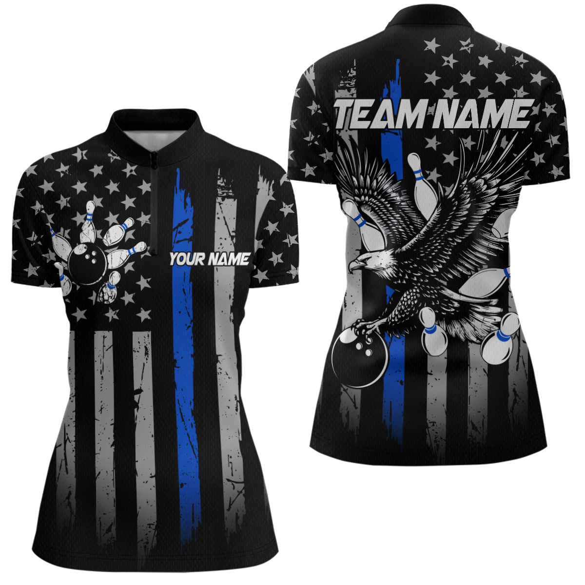 Custom Blue US Flag Eagle Bowling Jersey for Women Bowling Uniform Polo & 1/4 Zip Bowling Team Shirts HNT119