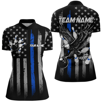 Custom Blue US Flag Eagle Bowling Jersey for Women Bowling Uniform Polo & 1/4 Zip Bowling Team Shirts HNT119