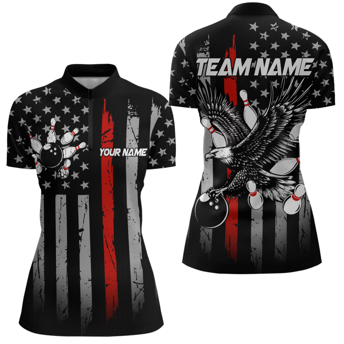Custom Red US Flag Eagle Bowling Jersey for Women Bowling Uniform Polo & 1/4 Zip Bowling Team Shirts HNT119