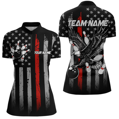Custom Red US Flag Eagle Bowling Jersey for Women Bowling Uniform Polo & 1/4 Zip Bowling Team Shirts HNT119