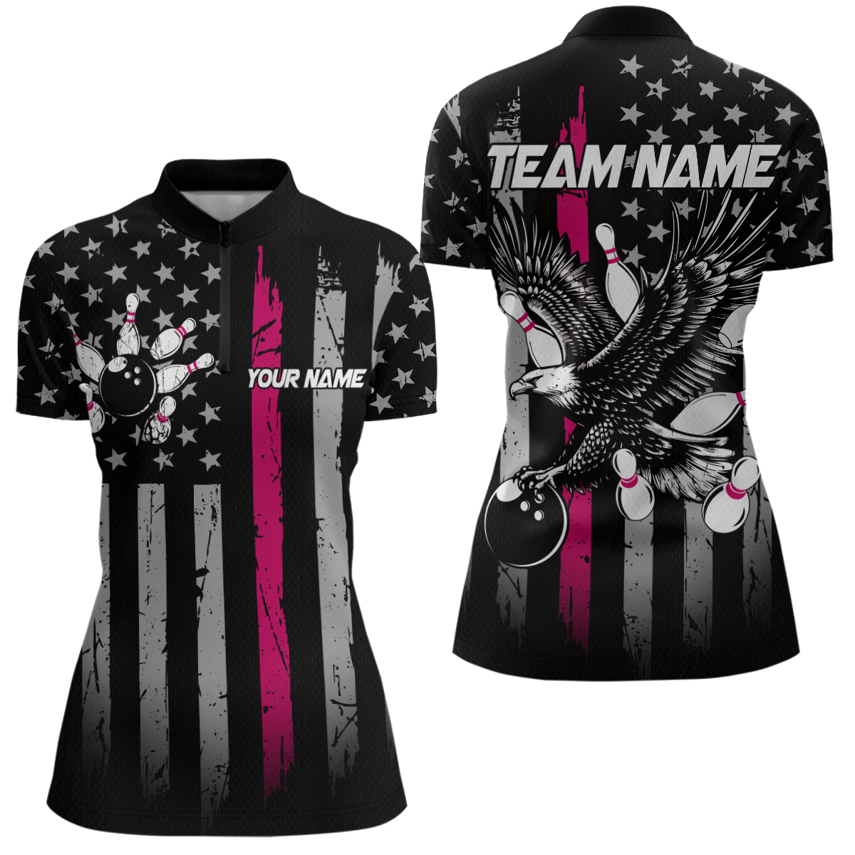 Custom Pink US Flag Eagle Bowling Jersey for Women Bowling Uniform Polo & 1/4 Zip Bowling Team Shirts HNT119