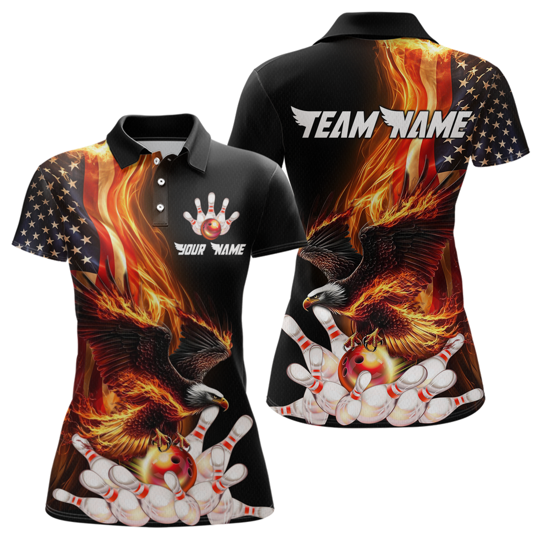Personalized Flaming US Flag Eagle Bowling Shirt Bowling Jersey for Women Team Polo & 1/4 Zip HNT38
