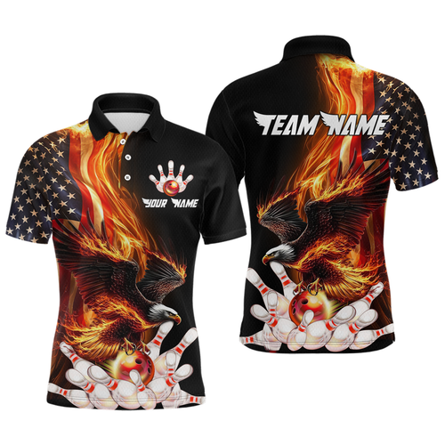 Personalized Flaming US Flag Eagle Bowling Shirt Bowling Jersey for Men Team Polo & 1/4 Zip HNT38