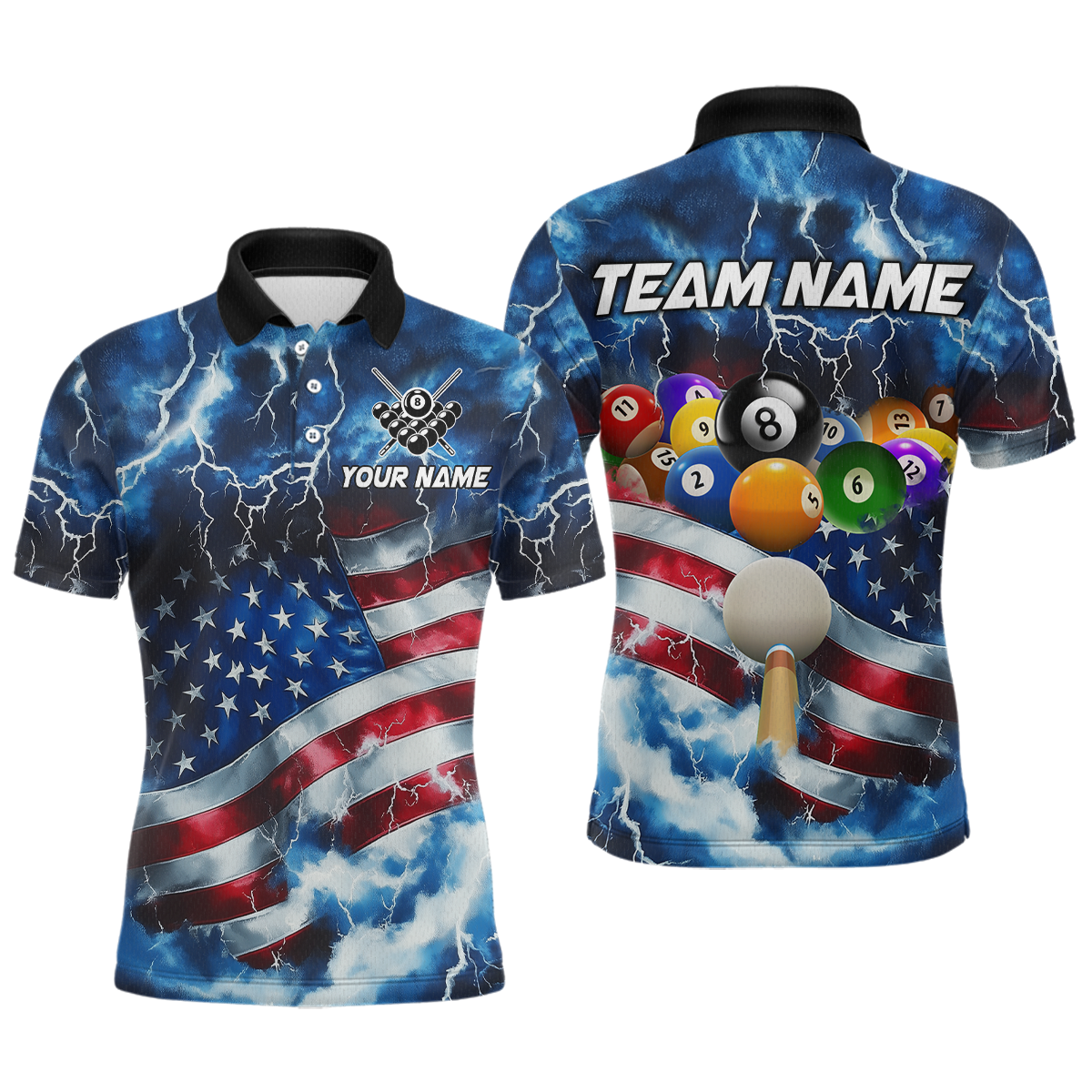 US Flag Thunder Billiards Shirt Men Polo & 1/4 Zip Shirts Billiard Team Jersey for Team NNT11