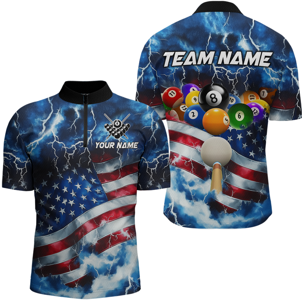 US Flag Thunder Billiards Shirt Men Polo & 1/4 Zip Shirts Billiard Team Jersey for Team NNT11