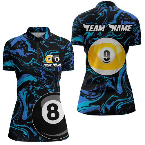 Teal-Turquoise 8 Ball & 9 Ball Custom Billiard Shirts For Women Billiard Team Jerseys NNT55