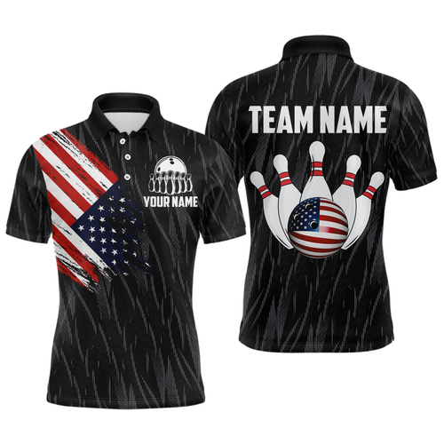 US Flag Personalized Bowling Team Shirts For Men Bowling League Polo & 1/4 Zip Shirt HNT11