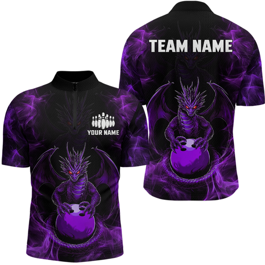Purple Dragon Custom Name Bowling Shirts For Men, Bowling Team Jersey Polo & Quarter-Zip Shirt HNT39